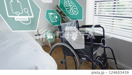Image of medical icons over empty wheelchair 124683439
