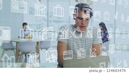 Image of business icons over caucasian colleagues having image call in office 124683470