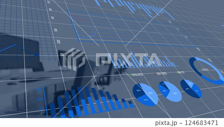 Image of blue charts processing data over computers on desks at empty office 124683471