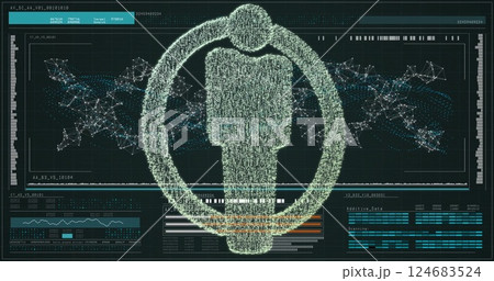 Image of data processing and man icon over dna strand Image of data processing and man icon over dna strand 124683524