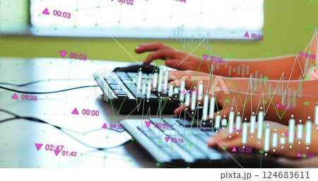 Image of data processing over diverse schoolchildren using computers Image of data processing over diverse schoolchildren using computers 124683611