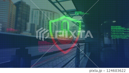 Image of padlock in shield over data processing and train station Image of padlock in shield over data processing and train station 124683622