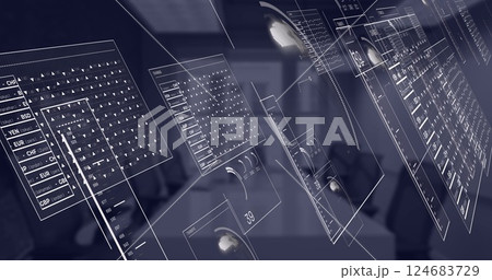 Image of financial data processing over empty room in office Image of financial data processing over empty room in office 124683729