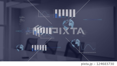 Image of financial data processing over empty room in office Image of financial data processing over empty room in office 124683730