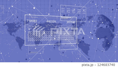 Image of statistics and digital data processing with world map over purple background Image of statistics and digital data processing with world map over purple background 124683740