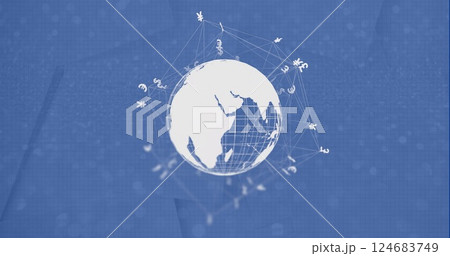 Image of globe with currency icons and data processing over blue background 124683749