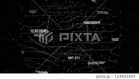 Image of data processing over network of connections on black background 124683805