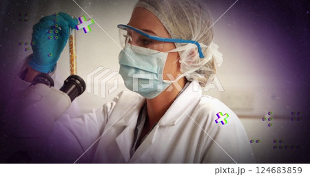 Image of scientific data processing over caucasian female scientist in laboratory Image of scientific data processing over caucasian female scientist in laboratory 124683859