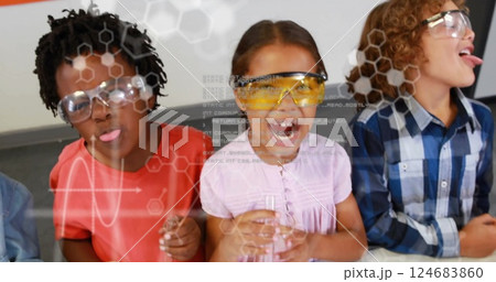 Image of scientific data processing over diverse schoolchildren in laboratory 124683860