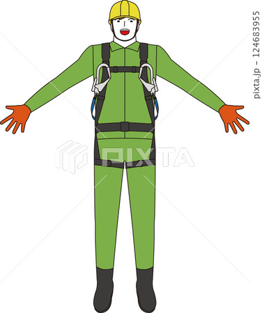 フルハーネスとランヤードをつけた現場工事作業員。両手を広げ笑顔でジャンプする男性 124683955