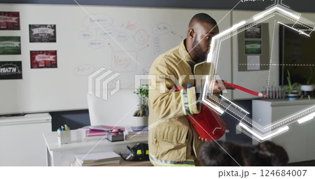 Image of chemical formula over biracial male teacher with extinguisher in classroom Image of chemical formula over biracial male teacher with extinguisher in classroom 124684007