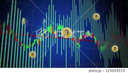 Image of bitcoin signs, digital data processing over screen Image of bitcoin signs, digital data processing over screen 124684014