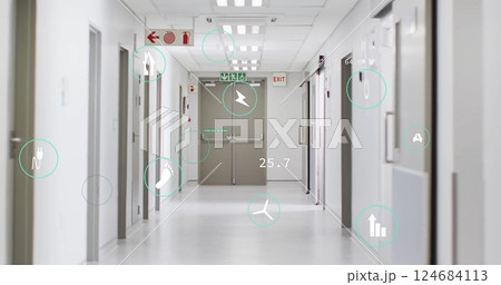 Image of ecology icons over hospital corridor 124684113