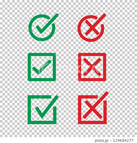 Check mark icon. right and wrong with green and red color for sign, survey, test and verify. Editable Stroke 124684277