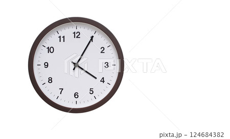 A simple round wall clock with a dark brown frame and a white face displaying 04:05/16:05. Isolated on a white background, perfect for time-related concepts, deadlines, and schedule themes. 124684382