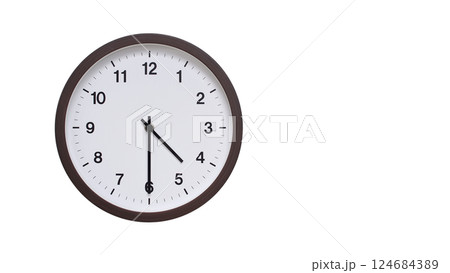 A simple round wall clock with a dark brown frame and a white face displaying 04:30/16:30. Isolated on a white background, perfect for time-related concepts, deadlines, and schedule themes. A simple round wall clock with a dark brown frame and a white face displaying 04:30/16:30. Isolated on a white background, perfect for time-related concepts, deadlines, and schedule themes. 124684389