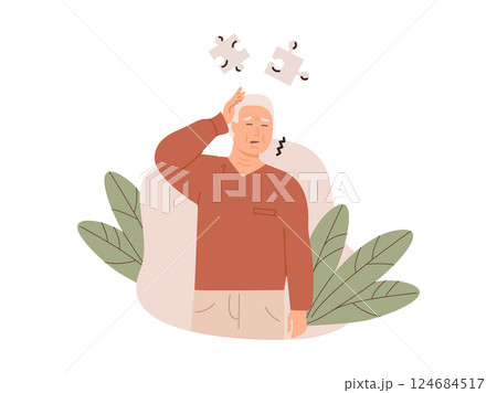 Elderly man experiencing memory loss and confusion, holding his head with a worried expression. Puzzle pieces symbolize cognitive decline. Alzheimer dementia concept. Flat Style Vector Illustration 124684517