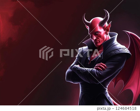 羽根とツノのある腕組みをした悪魔の男 124684518