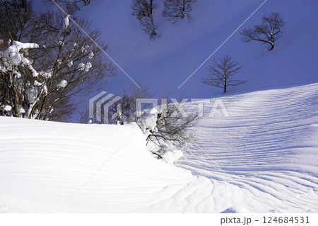 山の斜面 谷間に出来た雪の模様 山の斜面 谷間に出来た雪の模様 124684531