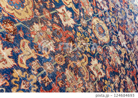 Antique handmade wool carpet made in Azerbaijani, close-up photo Antique handmade wool carpet made in Azerbaijani, close-up photo 124684693