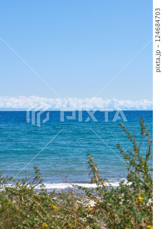 Wild coast of southern shore of Lake Issyk-Kul, summer vacation in Kyrgyzstan 124684703