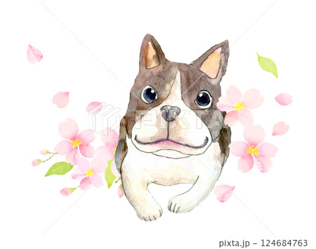 水彩イラスト　可愛い犬と桜の花 124684763