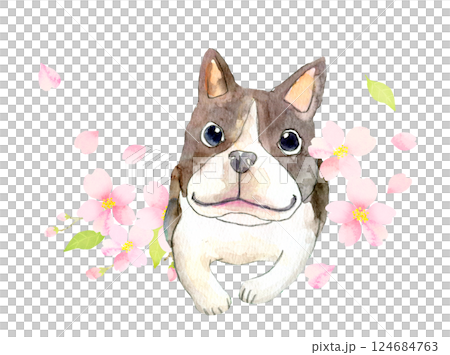 水彩イラスト　可愛い犬と桜の花 124684763