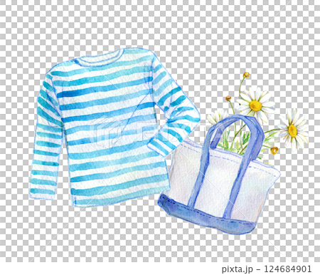 水彩イラスト　ボーダーシャツとトートバッグ 124684901