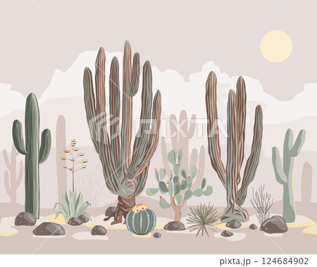 Desert seamless pattern with saguaro and giant cardon cacti, and mountains ranges. Wild American West landscape. Vector illustration 124684902