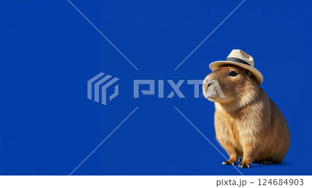 Cute capybara animal in hat on blue background 124684903