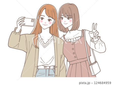 スマホでセルカを撮っている女性二人のイラスト 124684959