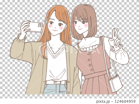 スマホでセルカを撮っている女性二人のイラスト 124684959