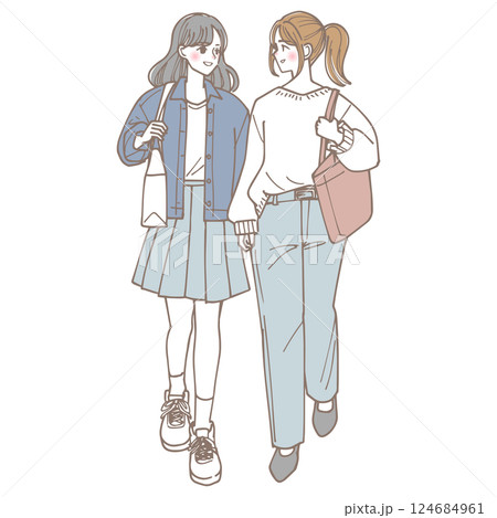 楽しそうに歩いている女性二人のイラストのイラスト素材 [124684961