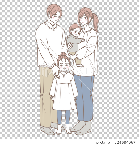 An illustration of a friendly family of four standing 124684967