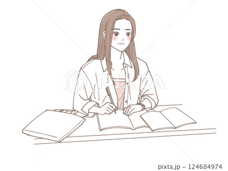 勉強をしている大学生の女性のイラスト 勉強をしている大学生の女性のイラスト 124684974