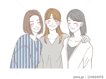 笑顔でこちらを見ている仲良しな三人の女性のイラスト素材 [124684978