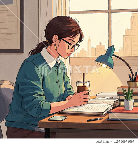 コーヒーを飲みながら読書をする女性 コーヒーを飲みながら読書をする女性 124684984