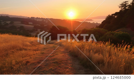 A breathtaking sunrise over the hill on the longest day of the year, with golden rays illuminating the horizon. 124685000