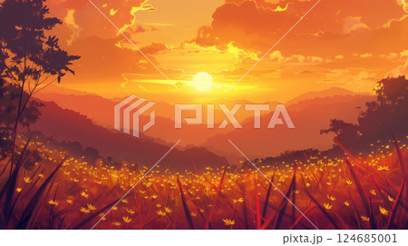A breathtaking sunrise over the hill on the longest day of the year, with golden rays illuminating the horizon. 124685001