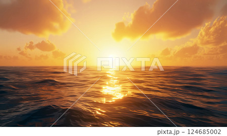 A breathtaking sunrise over the ocean on the longest day of the year, with golden rays illuminating the horizon. 124685002