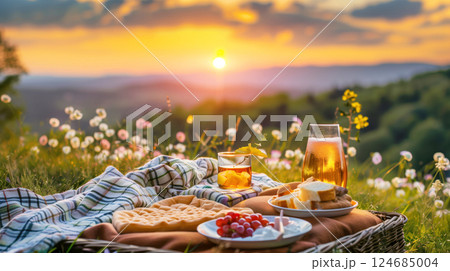 A romantic sunset picnic with a cozy blanket, food, and drinks, overlooking a scenic summer landscape. 124685004