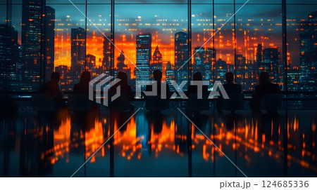 Corporate professionals in a vector illustration meeting, blurred graph highlighting benchmarking data subtly in the backdrop 124685336