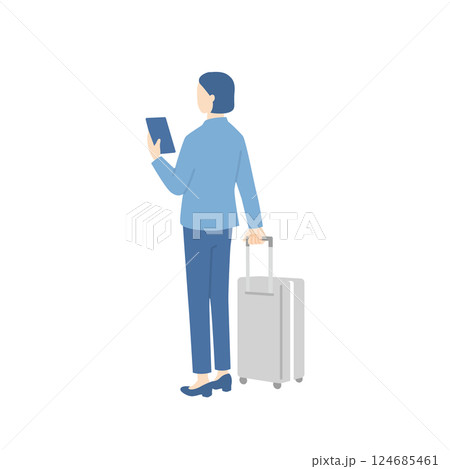 スーツケースを持ってスマホを見ているビジネスパーソンの後ろ姿 124685461