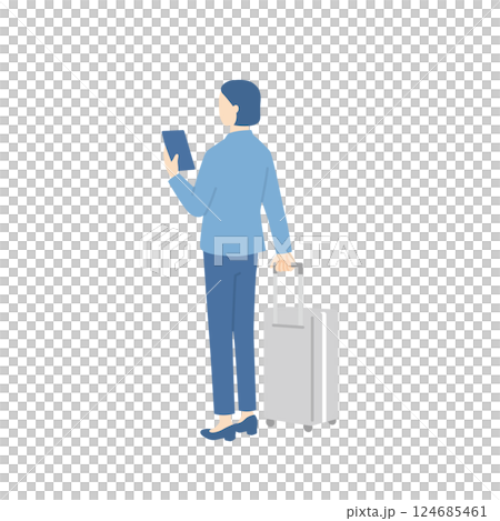 Rear view of a business person holding a suitcase and looking at a smartphone 124685461