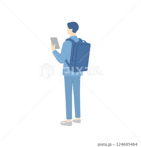 スマホを確認しているリュックを背負ったビジネスマンの後ろ姿 124685464