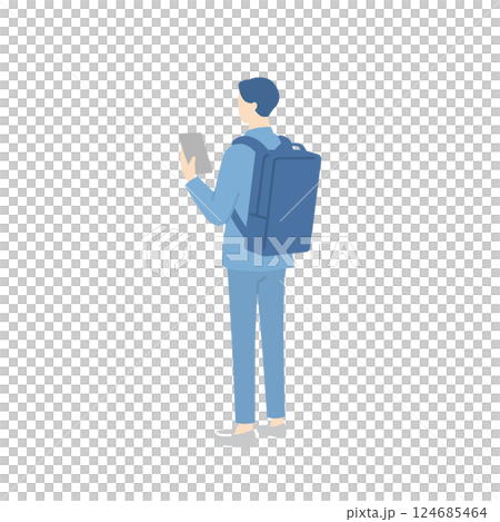 スマホを確認しているリュックを背負ったビジネスマンの後ろ姿 124685464