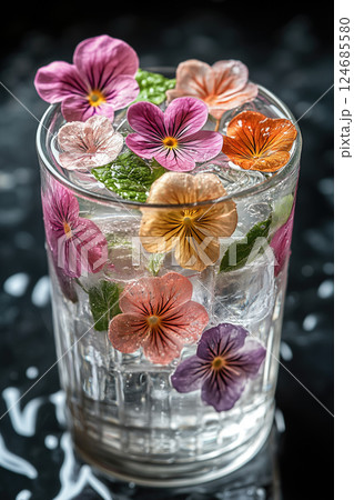 Refreshing beverage with colorful edible flowers and ice cubes 124685580