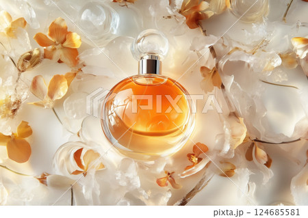 Elegant perfume bottle surrounded by ice and flowers 124685581