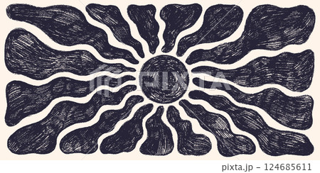 Groovy sun with wavy rays and crayon style texture, Abstract retro summer sun background 124685611
