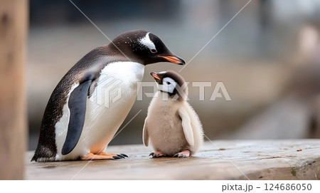 Adorable penguin chick sheltered by an adult, National Penguin Day celebration of care 124686050
